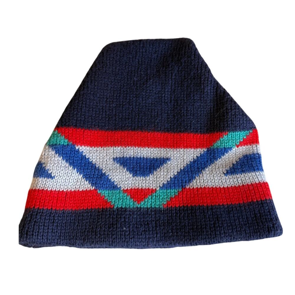 Vintage 80s Smiley Wool Ski Beanie hat Blue Red